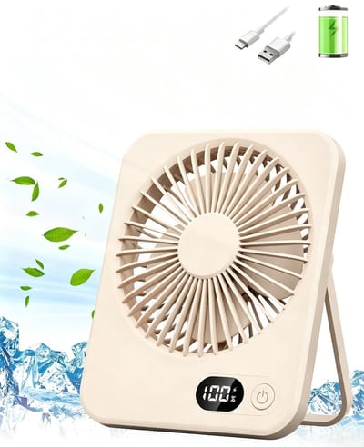 Oplaadbare USB Bureauventilator - Mini Ventilator - 5 Standen - met Digitale Batterijweergave - Stille Bureau Ventilator - Voor Bureau, Bed & Reizen - Khaki