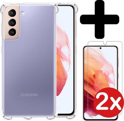 Hoesje - Met Screenprotector - 2 Stuks - Geschikt voor Samsung Galaxy S21 - Sterk & Shockproof - Back Cover - Siliconen Case - Telefoon Hoes - Shock Proof - Telefoonhoes - Transparant