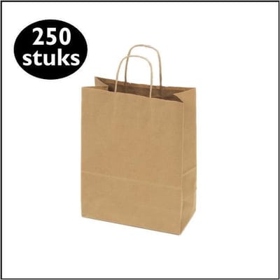 Bruine Kraft Tas S (Small) - Papieren Tassen - 250 Stuks - Bruin - Met Handvat - Draagtas - Hoogwaardige Kwaliteit - 18x8x24 cm - Cadeau Tas - Eco-vriendelijk - Gedraaid papieren Koord - Ideaal voor Geschenken - Hoogwaardig Natron Kraft Papier