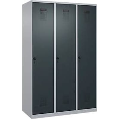 C+P Evolo Plus garderobekast, 3 vakken, 400 mm breed, draaigrendel, soft-close, B 1.200 x D 500 x H 1.850 m, blank aluminium/antracietgrijs