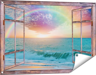 Gards Tuinposter Doorkijk Regenboog in het Water bij het Strand - 90x60 cm - Tuindoek - Tuindecoratie - Wanddecoratie buiten - Tuinschilderij