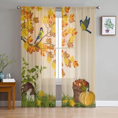 Herfstbladeren Paddenstoelen Pompoen Transparante Gordijnen Voor Woonkamer Slaapkamer Keuken Tule Gordijn Huis Decoratieve Transparante Panelen 135W x 114H(cm) beige