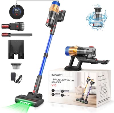 Steelstofzuiger Draadloos-Accu Stofzuiger-50 kPa Zuigkracht-60 Min Gebruiksduur-LED Display-HEPA Filter-Anti-Klit Borstel-Voor Tapijt Dierenharen Auto-1,5 L-blauw