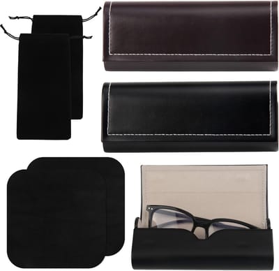 Set van 6 Draagbare Leren Brilcases in Zwart, Rood en Bruin met Schoonmaakdoekjes en Pouch voor Zonnebrillen, Leesbrillen en Sportbrillen