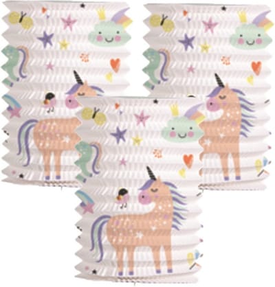 Folat Trek lampion eenhoorns & regenbogen - 3x - H16 cm - meerkleurig - papier