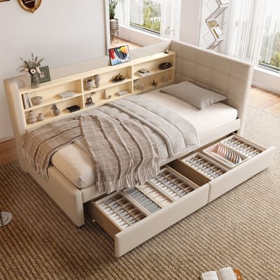 DESMIU Gestoffeerd Bed 90x200cm – Dagbed Met Opbergruimte En Oplaadfunctie – Met Lades En Hoofdbordplanken – Voor Slaapkamer – Linnen – Beige – Zonder Matras