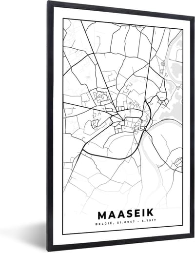 Fotolijst incl. Poster Zwart Wit- Stadskaart – Zwart Wit - Kaart – Maaseik – België – Plattegrond - 40x60 cm - Posterlijst