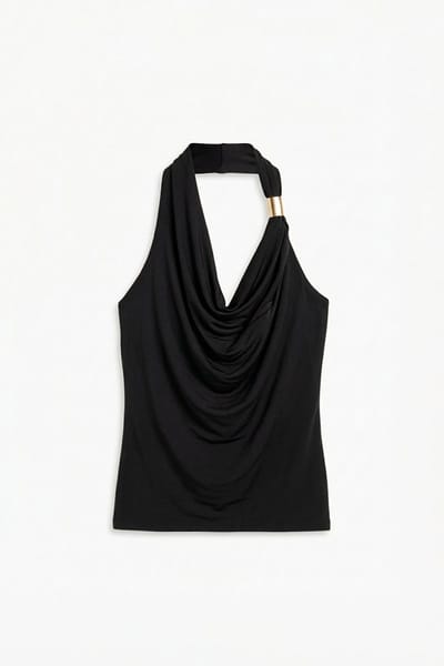 Mouwloze Top met Elegante Watervalhals – Modieus Dames T-shirt met Bouclé Textuur – Luchtige Zomertop met Gedrapeerde Halslijn - Zwart - M