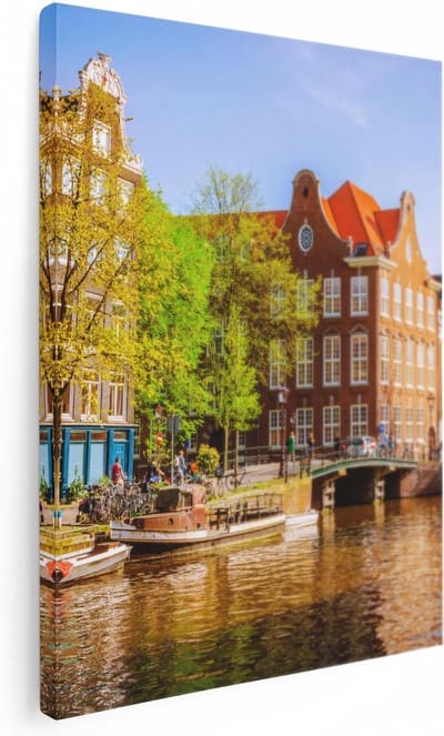 Artaza Canvas Schilderij Amsterdam - 30x40 cm - Klein - Wanddecoratie Grachtenpanden - Muurdecoratie Woonkamer - Kamer Accessoires Boot
