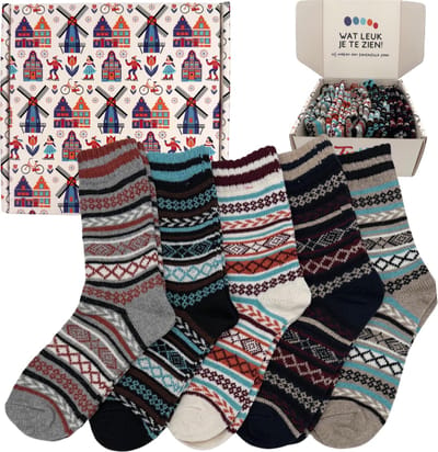 Warme Sokken - Set van 5 paar Winter Sokken met Noorse designs in geschenkverpakking - maat 37-42 - Huissokken Dames/Heren