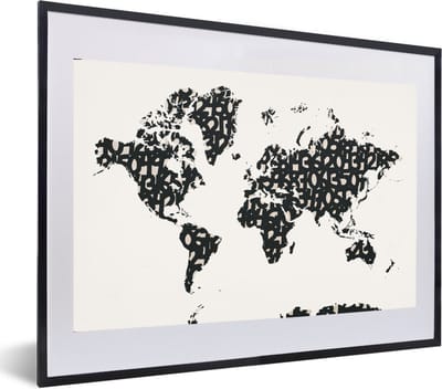 Poster in lijst - Fotolijst 60x40 cm - Posters - Wereldkaart - Cijfers - Wit - Posterlijst zwart - Decoratie - Wanddecoratie woonkamer - Muurdecoratie slaapkamer