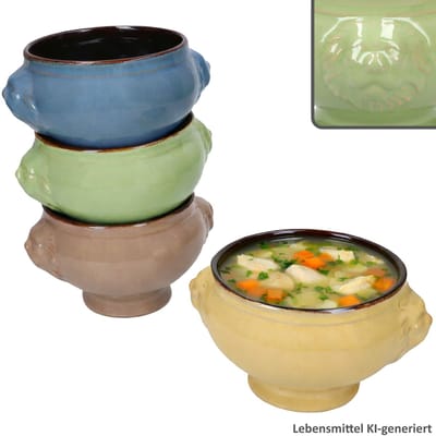 4-delige set Leeuwenkop Soepkom 0,4L elk 1x Geel, Groen, Blauw & Bruin van Keramiek – 24301773