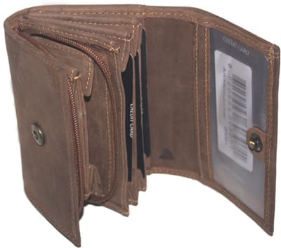 Oi kleine Hunter bruine leren portemonnee / overslag beursje met rits voor kleingeld / afsluitbaar klein tienerbeursje / RFID safe/ bruin / 203H