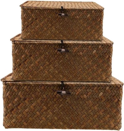 Set van 3 Opbergmanden met Deksel, Rieten Opbergmanden van Natuurlijk Zeewier, Multifunctionele Opbergdozen voor Huis en Tuin