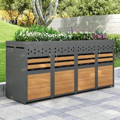 OKWISH Containerombouw Afsluitbaar – Voor 4 Containers 120 Tot 240 Liter – Verzinkt Staal – Antraciet Met Houtlook – Met Plantdak