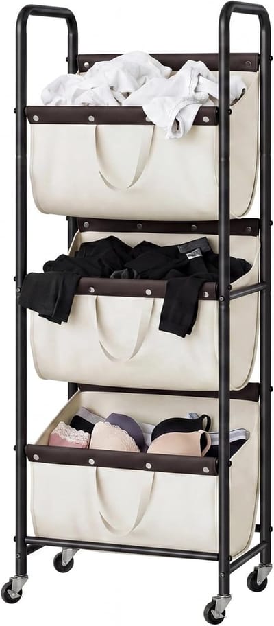 SAYS Wasmand met 3 Vakken, Wasmand op Wieltjes, Organisatie en Opbergruimte voor de Wasruimte, Waskar met 3 Vakken op Wieltjes voor Studentenkamers, Badkamers, Slaapkamers en Kasten, Beige