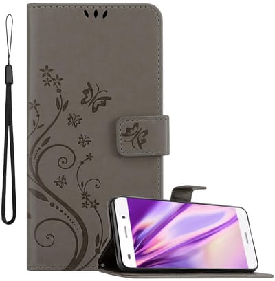 Cadorabo Hoesje geschikt voor Huawei P8 LITE 2015 in BLOEMEN GRIJS - Beschermhoes in bloemmotief met magnetische sluiting, standfunctie en kaartsleuven Book Case Cover Etui