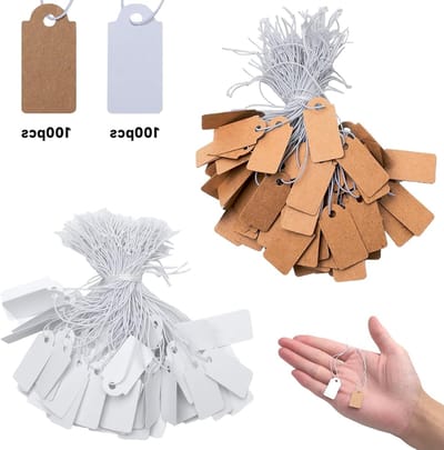 Mini Prijslabels 200 Stuks met Elastisch Koord, 26 x 13mm Witte en Bruine Labels voor Sieraden, Kleding en Vlooienmarkten