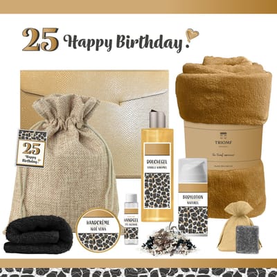 Geschenkset “25 Jaar Happy Birthday!” - 8 producten - 1210 gram - Triomf Cosmetica | Luxe wellness Cadeaubox voor haar Giftset Verjaardag Cadeau Pakket Gefeliciteerd Verjaardagscadeau Vrouw Twenty five Gift Set Party Panter Zwart Koper Goud