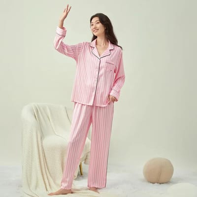Roze gestreepte zijden dikke lange mouwen broek pyjama pak damesmode dun herfst en winter huiskleding L white