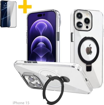 Hoesje voor iPhone 15, Compatibel met MagSafe, Magnetische Case met 360° Draaibare Standaard, Anti-Verkleuring Hoes, PC Lichtgewicht-Zwart - Screenprotector