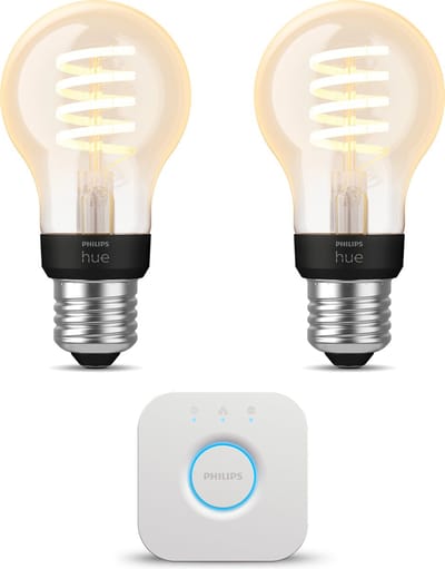 Philips Hue Starterspakket - E27 - met 2 Filament Standaard Lampen (A60) - Warm tot Koelwit Licht - Incl. 1 Hue Bridge - Hue White Ambiance Filament