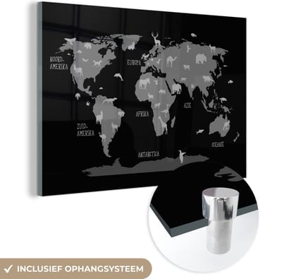 ® Glasschilderij 180x120 cm - Schilderij acrylglas - Wereldkaart Kinderen - Dieren - Bruin - Foto op glas - Muurdecoratie woonkamer - Wanddecoratie slaapkamer - Schilderijen