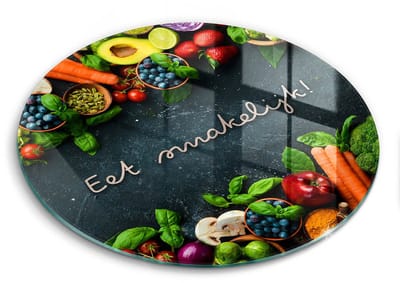 Wallfluent Glazen Snijplanken - Fruit en Groenten, Eet smakelijk! Snijplanken Glas - fi30 cm - Veelkleurig Snijplanken van Glas - Glazen Snijplank - Glazen Snijplank Voor Keuken - Antislip Glazen Snijplank