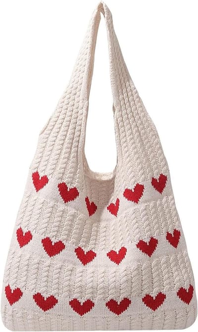 Handgemaakte Gehaakte Hart Tote Bag, Gebreide Handtas en Schoudertas voor Vrouwen, Perfect voor Winkelen en Vakantie, Amandelkleur