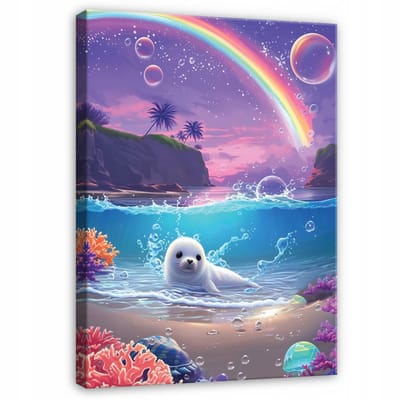 WALLARENA - Schilderij op canvas - 100x70 cm - zeehond in de oceaan - kinderkamer wanddecoratie en meisjeskamer decoratie