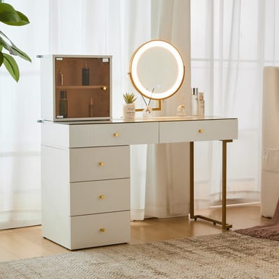 REDOM - Schminktafel - Met LED-spiegel - Met glazen tafelblad - 115x120x45 cm wit/goud