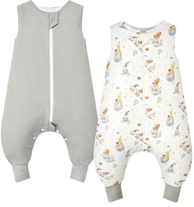 SnelShoppen - Baby Slaapzak met Voetjes, 1.0 Tog, 2-Pack, 100% Katoen, Maat 90 cm, Fantasy Bear + Grijs, Sleeveless, Voor Jongens en Meisjes