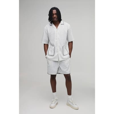 Tall Windowpane Check Blanket Stitch Oversized Short Sleeve Shirt & Baggy Short Set | White | Size Small