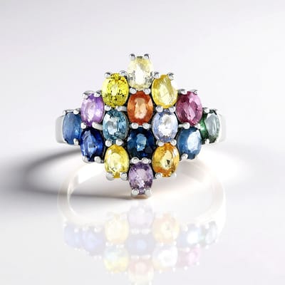 Cavill - Zilveren Ring met 16 Ovaal Geslepen Saffieren 3,078 ct - 925 Sterling Zilver Platina Gecoat - Elegante Bloemvorm - Madagaskar Edelstenen