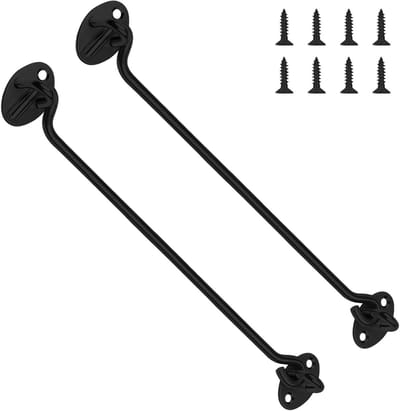 Set van 2 Stormhaken 350mm met Oog, RVS Deursluiting, Zwarte Beugels met 8 Schroeven voor Tuin, Schutting en Buitengebruik