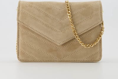 Klein suede leren crossbody / schoudertasje met gouden details, zand - Laurie