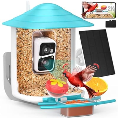 birdsnap® TUC- Vogelvoeder met camera+zonnepaneel 32 GB kaart 4-in-1 baars, 160 ° View 1080P livestream automatische melding AI identificeren 10000+ vogelkijkcamera draadloos buiten voor