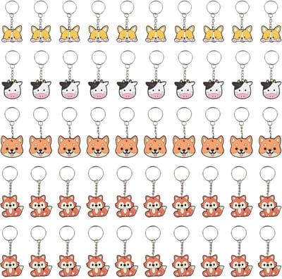 Dailygoods- Sleutelhanger Set 50 Stuks - Dierensleutelhangers - Vos/Kat/Koe - Tashanger - Feestgeschenk - Hoge Resolutie Inktprint - Dierenhanger