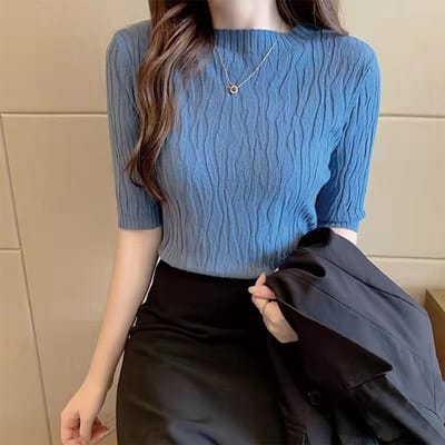 Pull col mi-haut pour femme, ample, fin, manches longues, tricoté, nouvelle collection automne-hiver OneSize bleu