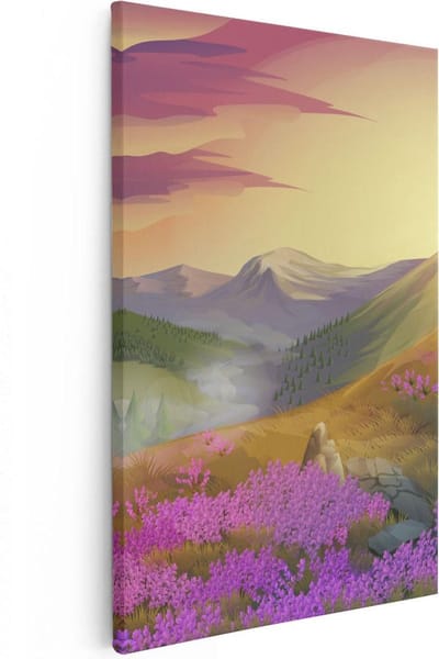 Artaza Canvas Schilderij Bloemenveld - 20x30 cm - Klein - Wanddecoratie Bergen - Muurdecoratie Natuur - Kamer Accessoires Zonsondergang