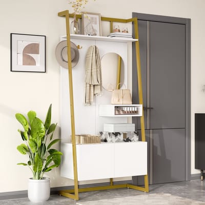 MODENUIT Garderobe - Met Spiegel, Haken En Schoenopberging - Voor Hal En Gang - Wit MDF En Metaal - 78x38,5x180,5 Cm
