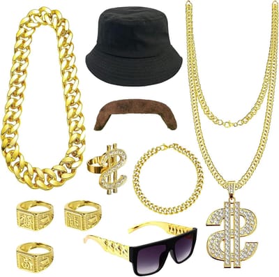 Dollar Characters Ketting, Ringen en Zonnebril Set - Hip Hop Kostuum Accessoires voor 80s/90s Carnaval en Feestjes, Punk Stijl Gouden Sieraden voor Mannen