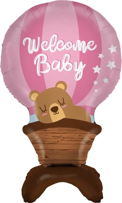 Folieballon - Welcome baby - pink hot air balloon 97cm