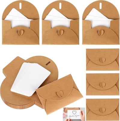 Set van 60 stuks - 30 mini enveloppen - met 30 blanco kaarten - kraftpapier cadeaukaarten - schattige kleine enveloppen - mini enveloppen met hartvormige sluitingen - geschikt voor cadeaukaarten, wenskaarten, visitekaartjes