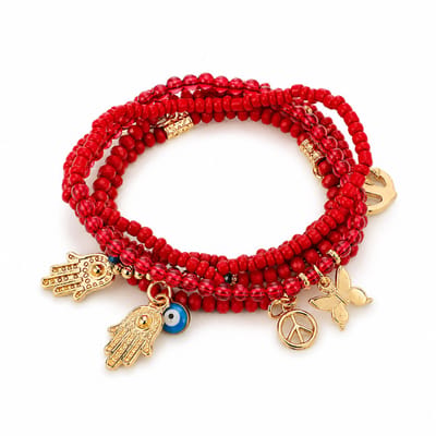 Marama Ibiza Sunset Rood – Armbandenset Dames – Set van 5 – Bohemian – Elastisch – Rode Kralen met Goudkleurige Bedels