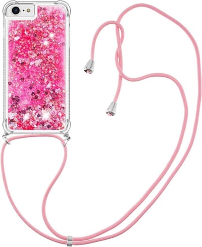 Coverup Hoesje - Geschikt voor iPhone SE (2022 / 2020), iPhone 8 / 7 Hoesje - Coverup Liquid Glitter Back Cover met Koord - Pink