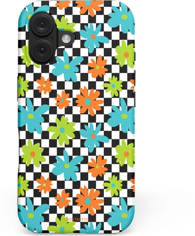 Casetastic hoesje geschikt voor Apple iPhone 16 - MagSafe - Dubbellaagse bescherming - Retro Bloem Power - Fashion Case - Zwart Turquoise Grijs Wit