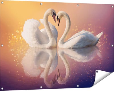 Gards Tuinposter Zwanen Koppel in een Hart Vorm - 120x80 cm - Tuindoek - Tuindecoratie - Wanddecoratie buiten - Tuinschilderij