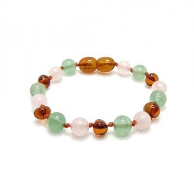Wild Sun Barnsteen Armband Baby / Peuter - Amber Enkelbandje - Baltische Barnsteen – Pijnstillend bij Doorkomende Tanden - 14 cm - Cognac / Aventurijn / Rozenkwarts