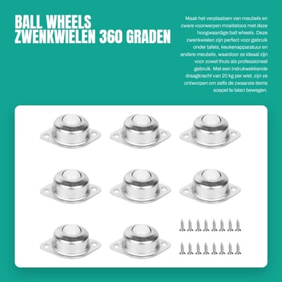 Dailygoods- Meubelwielen 8 Stuks - Zwenkwielen 360 Graden - Zware Belastbaarheid 20 kg - Nylon - Inclusief Schroeven - Geluidsarm - Caster Wheels